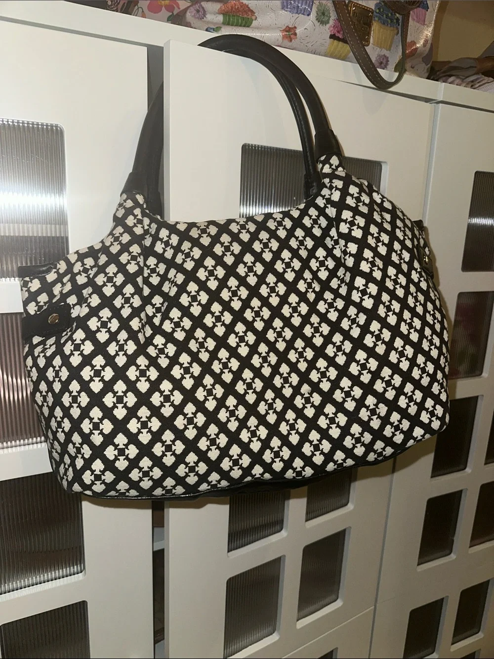 kate spade Black & White Pattern Shoulder Bag with Pink Stripe